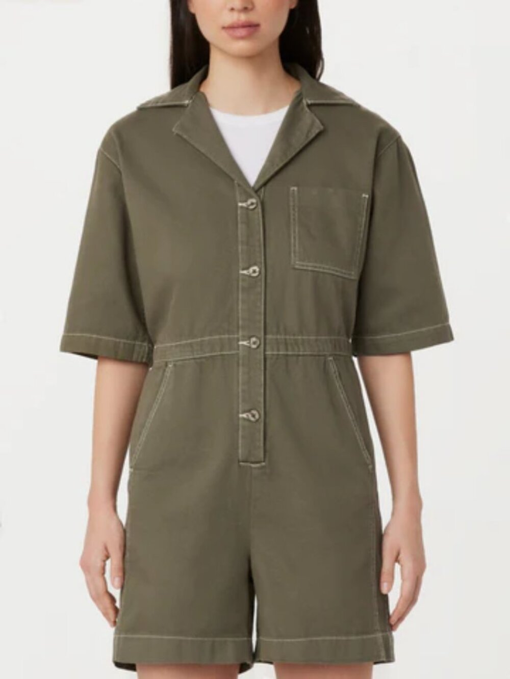 Frank And Oak Utility Romper Olive Green Contrast Stitch Camp Collar Size S